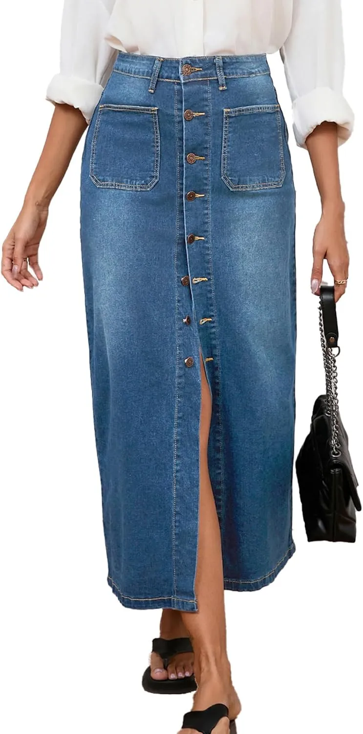 Jean Skirt for Women Denim Skirt High Waist Stretch Midi Denim Skirts with Pockets