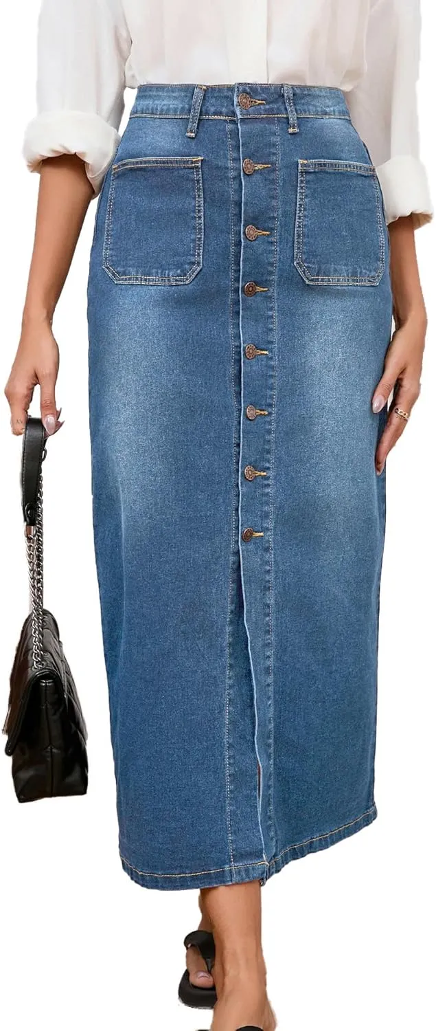 Jean Skirt for Women Denim Skirt High Waist Stretch Midi Denim Skirts with Pockets