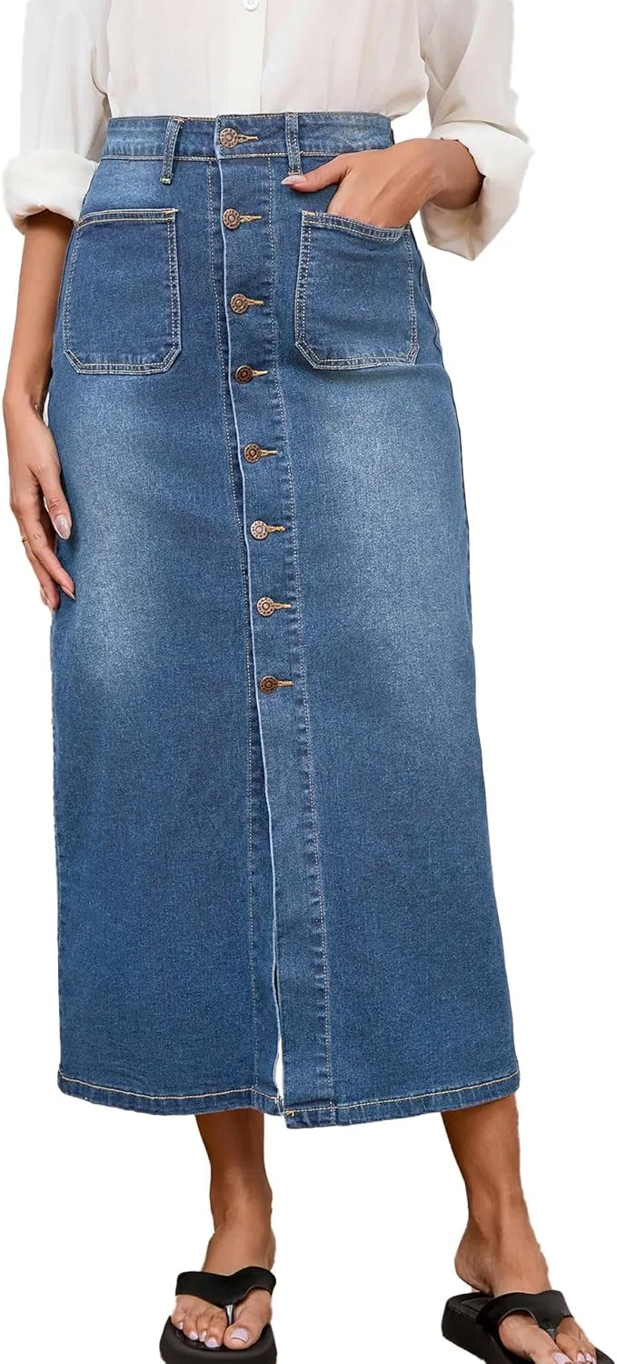 Jean Skirt for Women Denim Skirt High Waist Stretch Midi Denim Skirts with Pockets