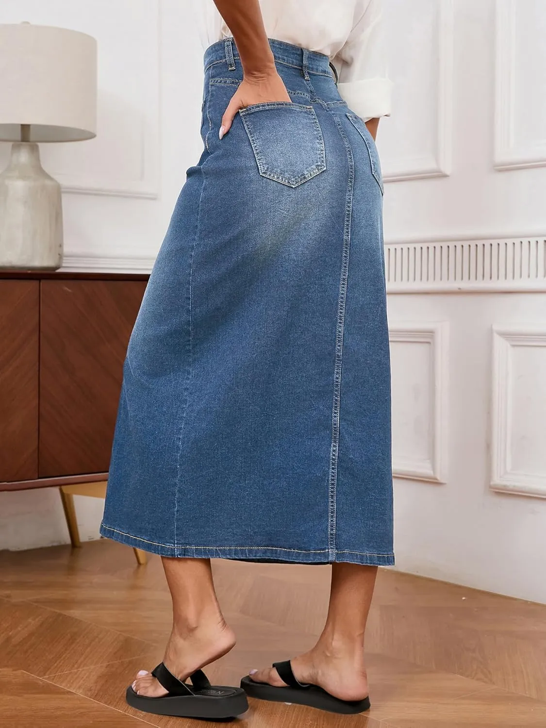 Jean Skirt for Women Denim Skirt High Waist Stretch Midi Denim Skirts with Pockets