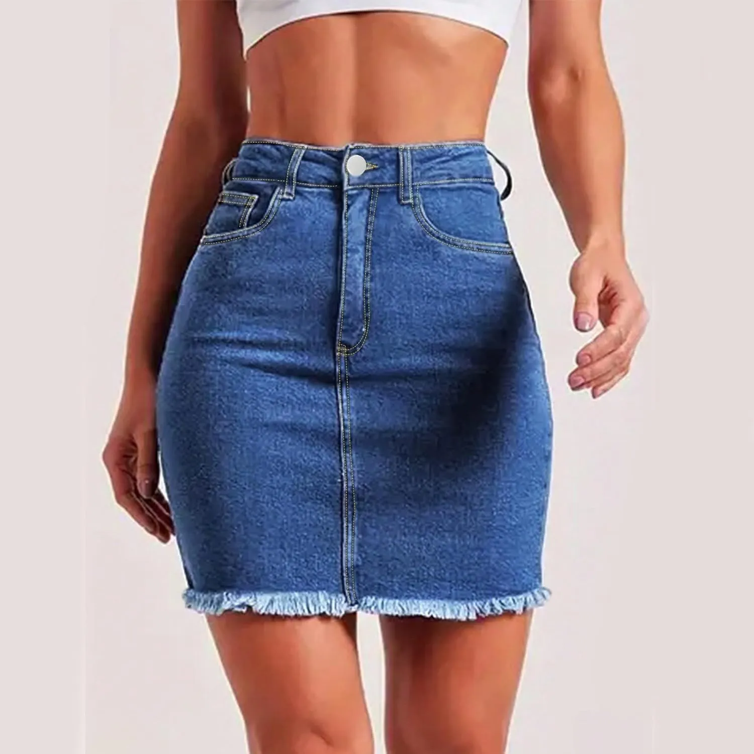 Jean Skirts for Women Denim Bodycon Raw Hem Stretch High Waisted Frayed Summer A Line Mini Pencil Skrit with Pockets