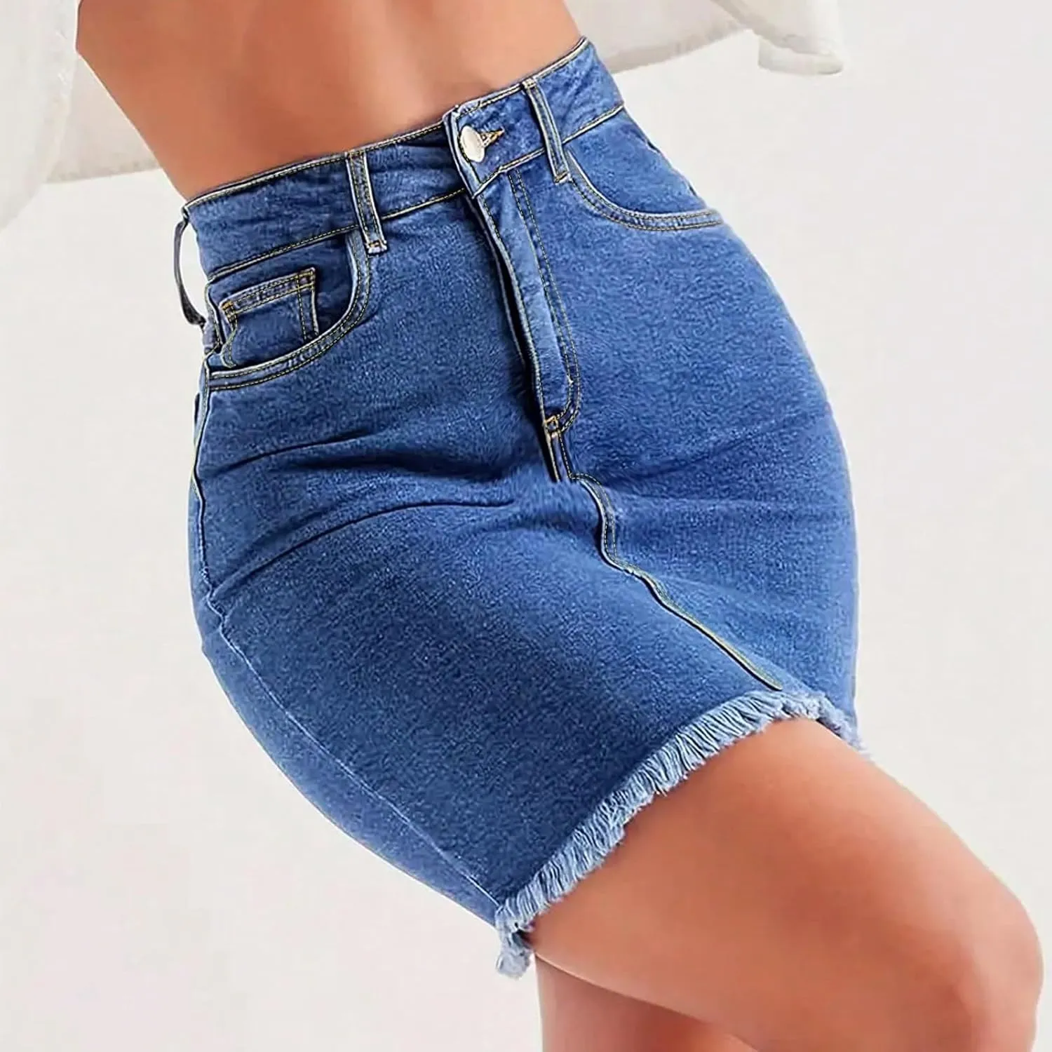 Jean Skirts for Women Denim Bodycon Raw Hem Stretch High Waisted Frayed Summer A Line Mini Pencil Skrit with Pockets