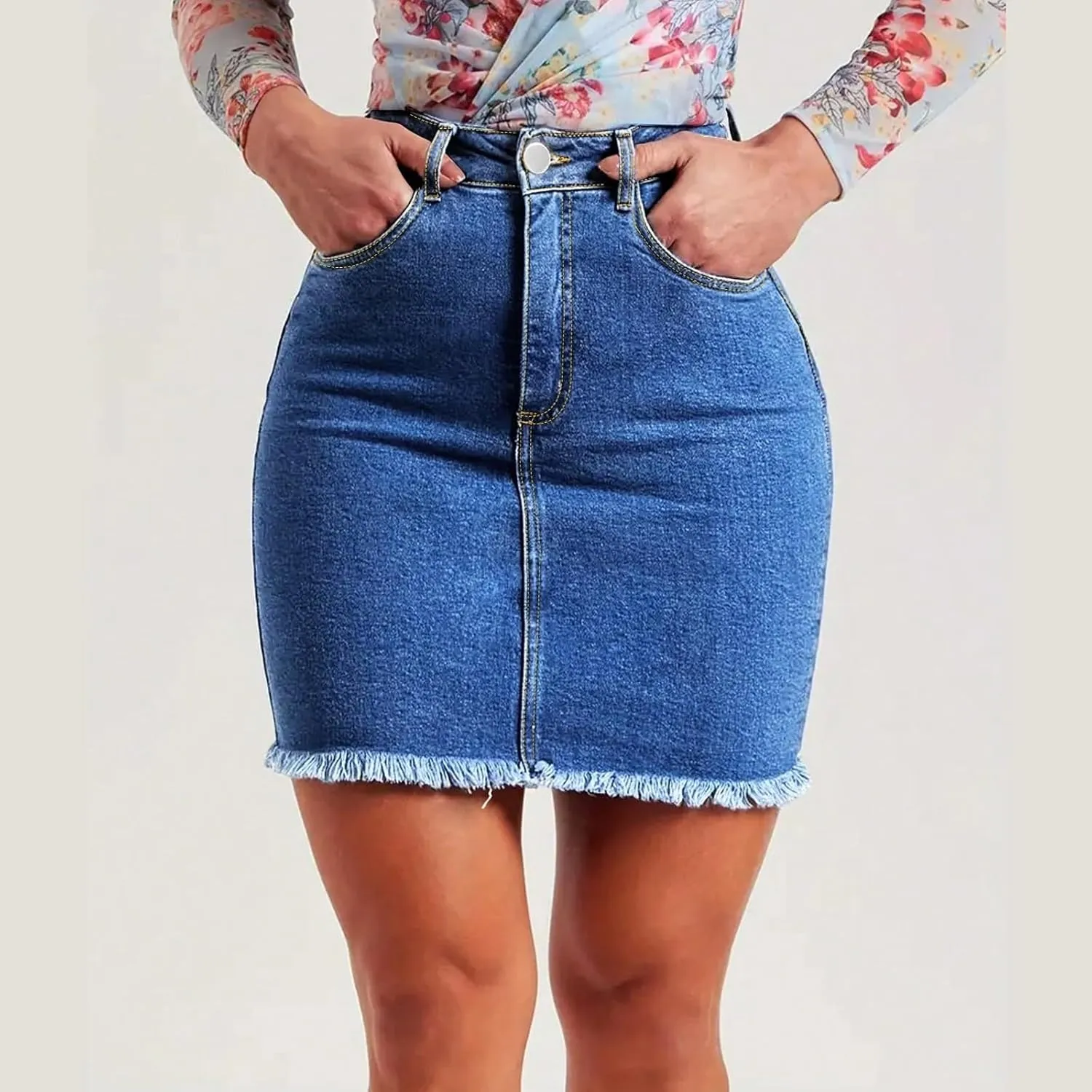 Jean Skirts for Women Denim Bodycon Raw Hem Stretch High Waisted Frayed Summer A Line Mini Pencil Skrit with Pockets