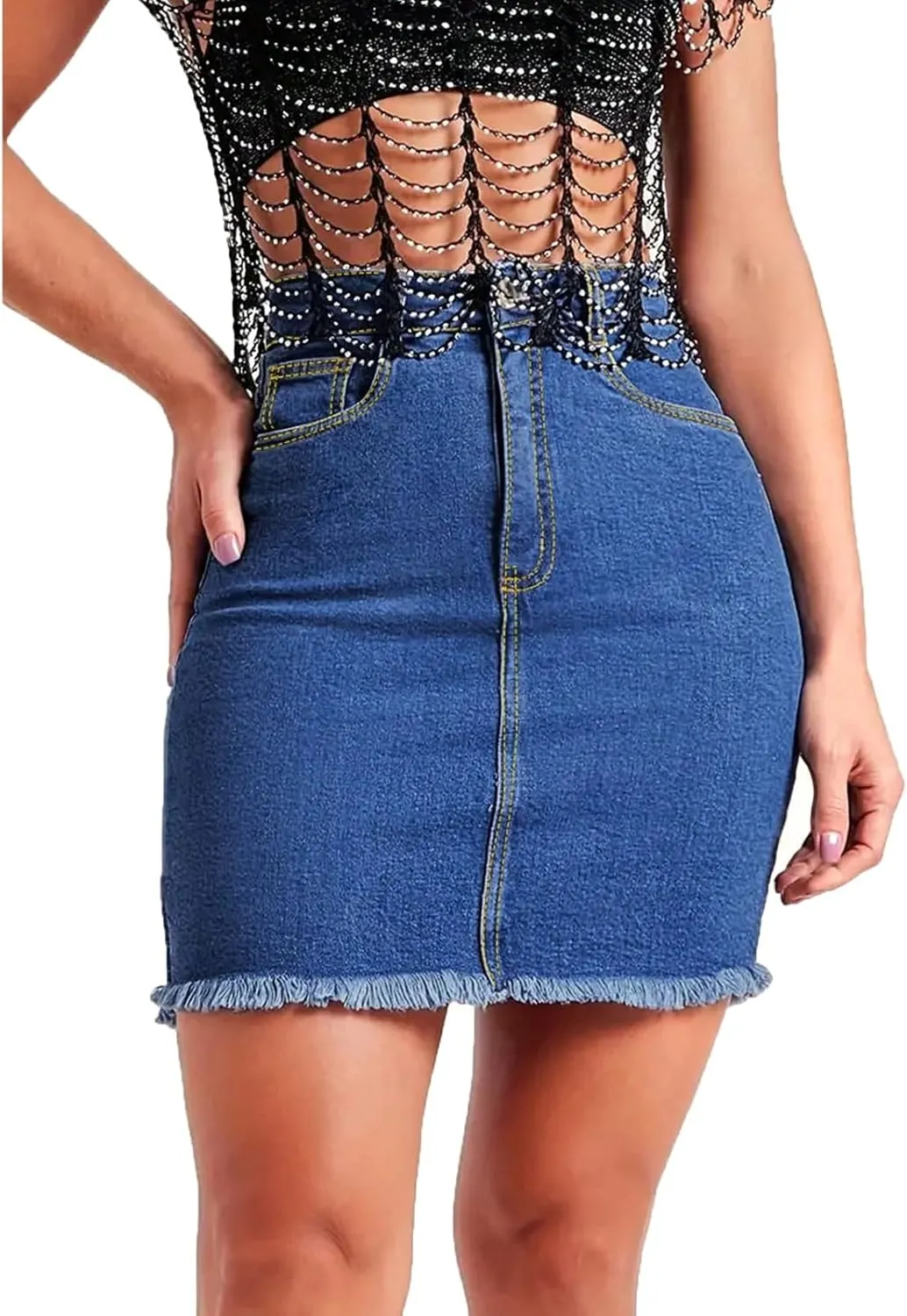 Jean Skirts for Women Denim Bodycon Raw Hem Stretch High Waisted Frayed Summer A Line Mini Pencil Skrit with Pockets