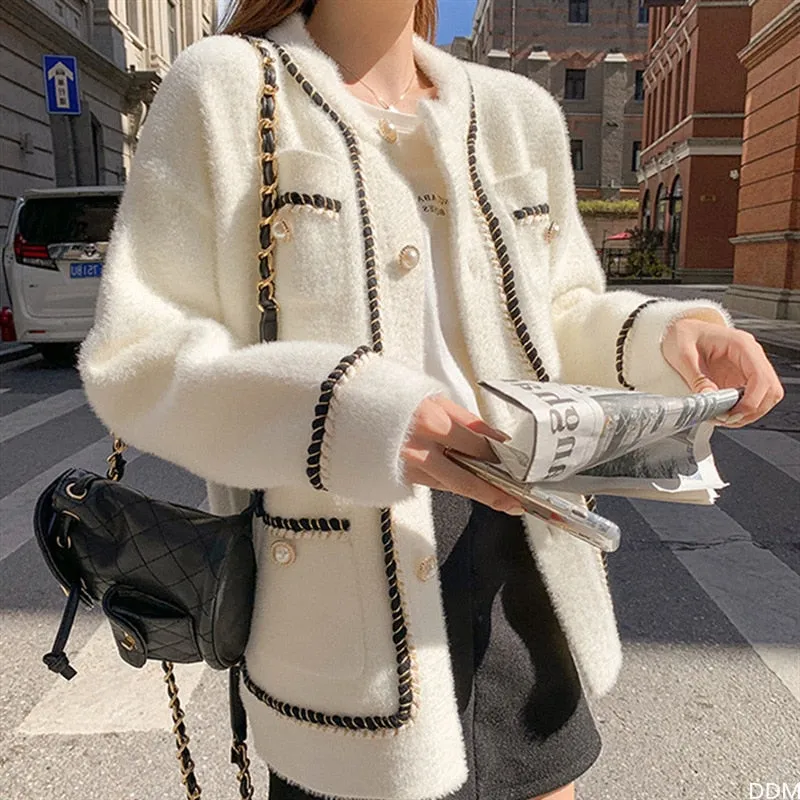 Joskaa Autumn Winter Lazy Style Korean Retro Black Loose O Neck Knitted Cardigan Fashion White Mink Cashmere Sweater Coat Women 17451