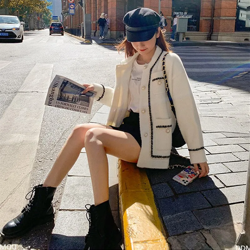 Joskaa Autumn Winter Lazy Style Korean Retro Black Loose O Neck Knitted Cardigan Fashion White Mink Cashmere Sweater Coat Women 17451
