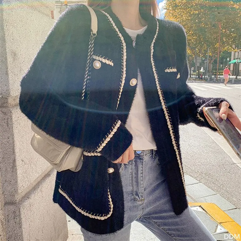 Joskaa Autumn Winter Lazy Style Korean Retro Black Loose O Neck Knitted Cardigan Fashion White Mink Cashmere Sweater Coat Women 17451