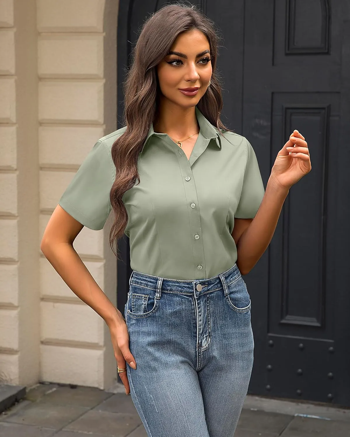 J.VER Womens Button Down Shirts Stretch Wrinkle Free Formal Short Sleeve Dress Shirt Summer Work Blouses Business Casual Tops