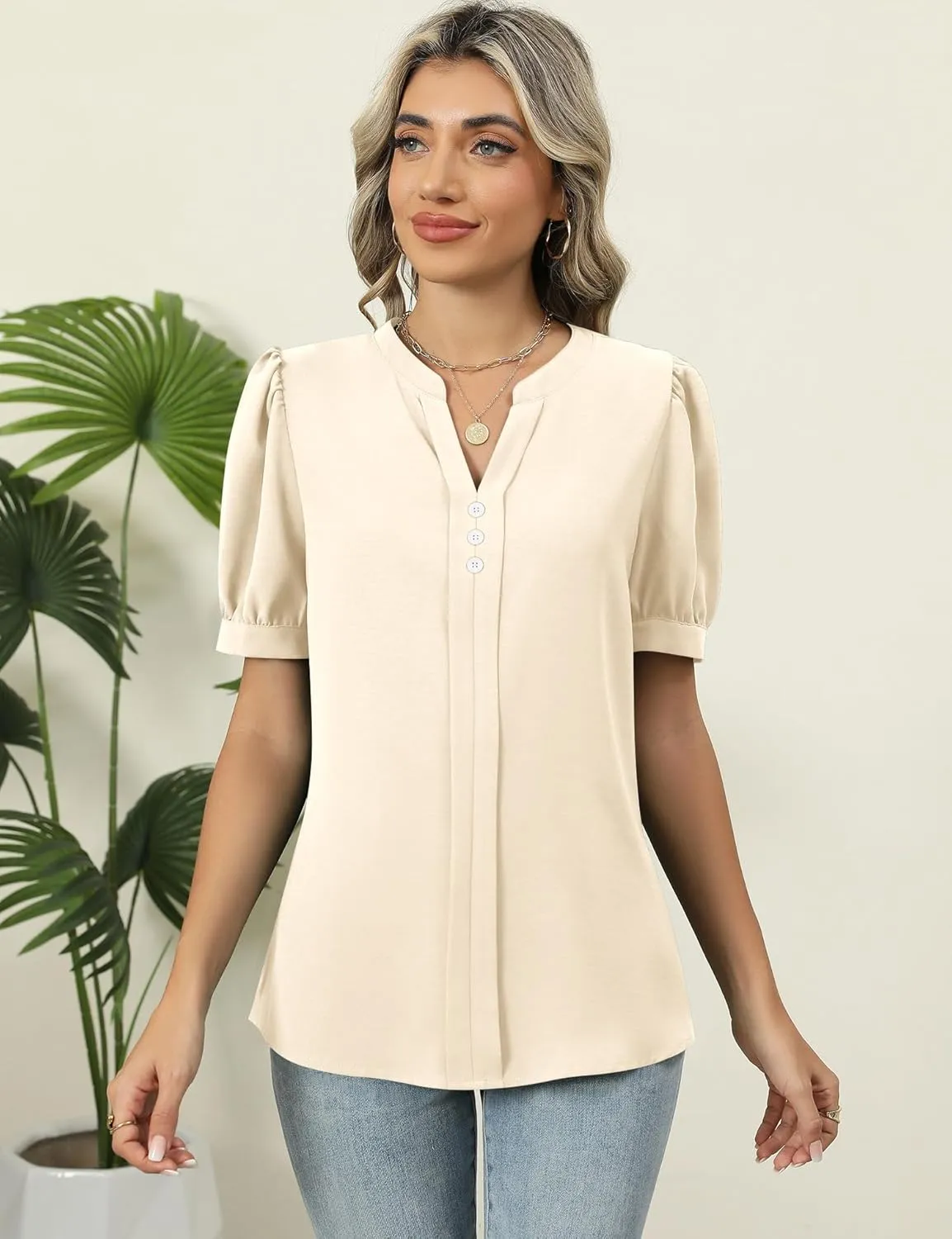 Kistore Womens Tops Dressy Casual Summer Chiffon Blouses V Neck Puff Sleeve Shirts Work Tops