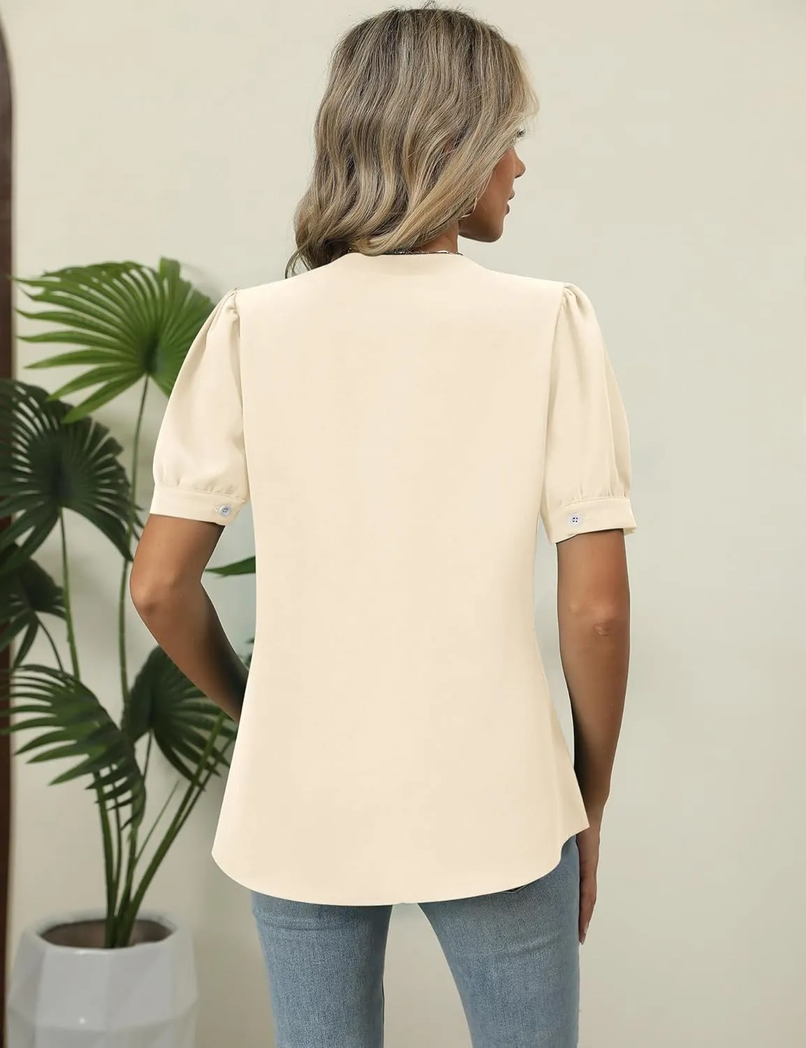 Kistore Womens Tops Dressy Casual Summer Chiffon Blouses V Neck Puff Sleeve Shirts Work Tops