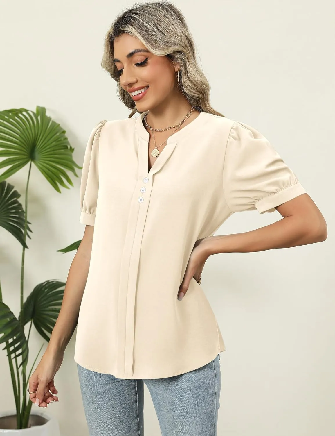 Kistore Womens Tops Dressy Casual Summer Chiffon Blouses V Neck Puff Sleeve Shirts Work Tops