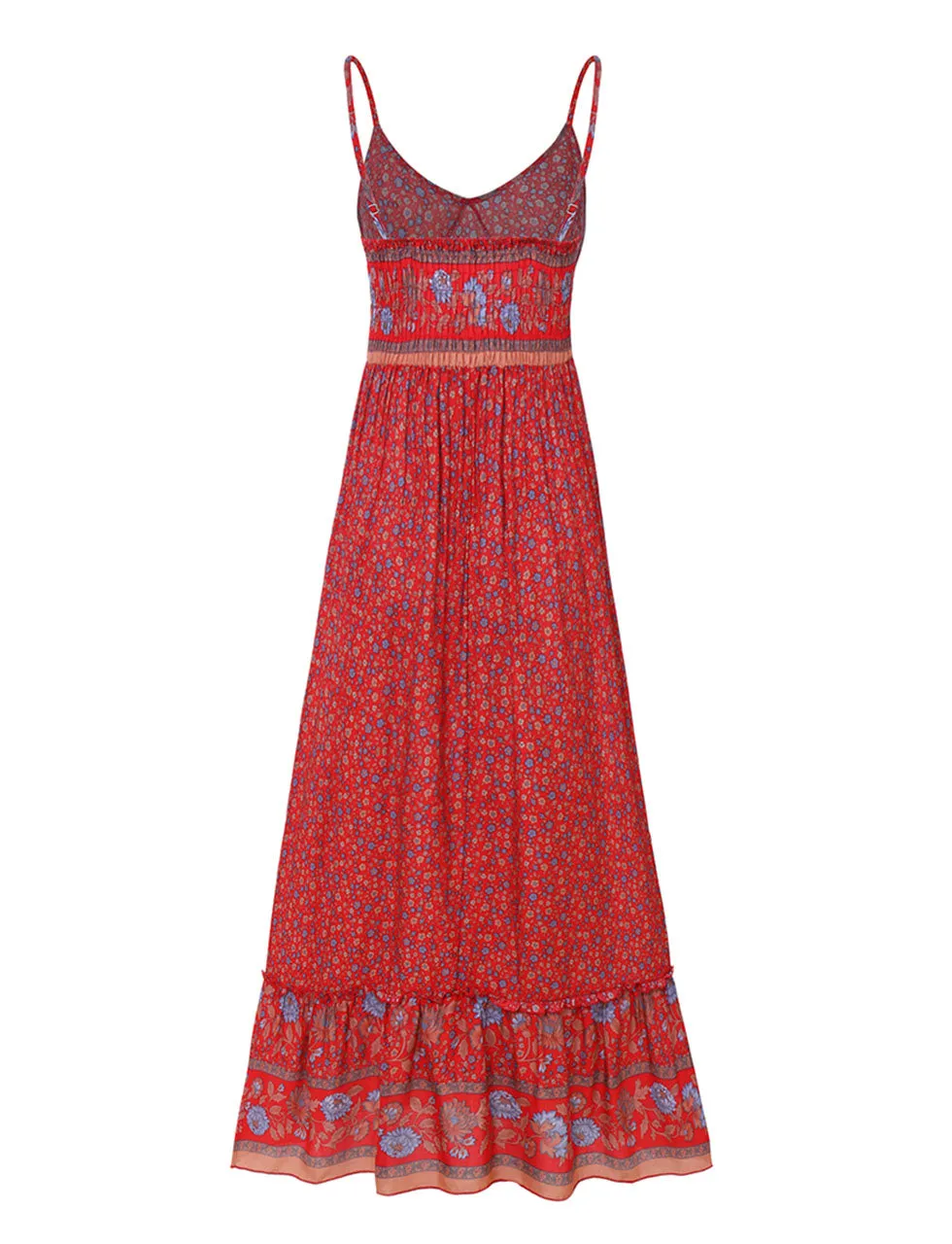 Red Spaghetti Strap Floral Print Sleeveless Bohemia Holiday Dress For Women