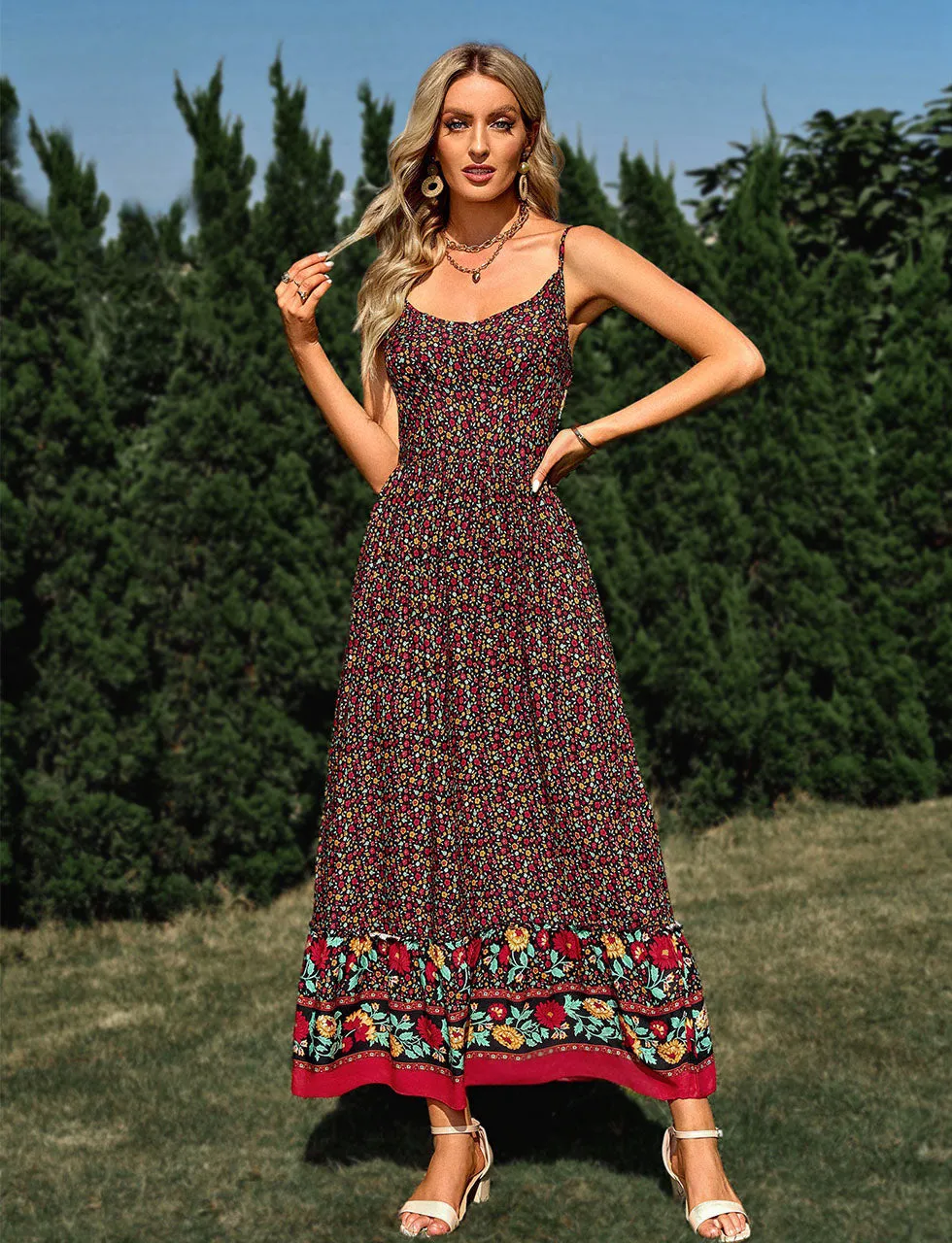 Red Spaghetti Strap Floral Print Sleeveless Bohemia Holiday Dress For Women