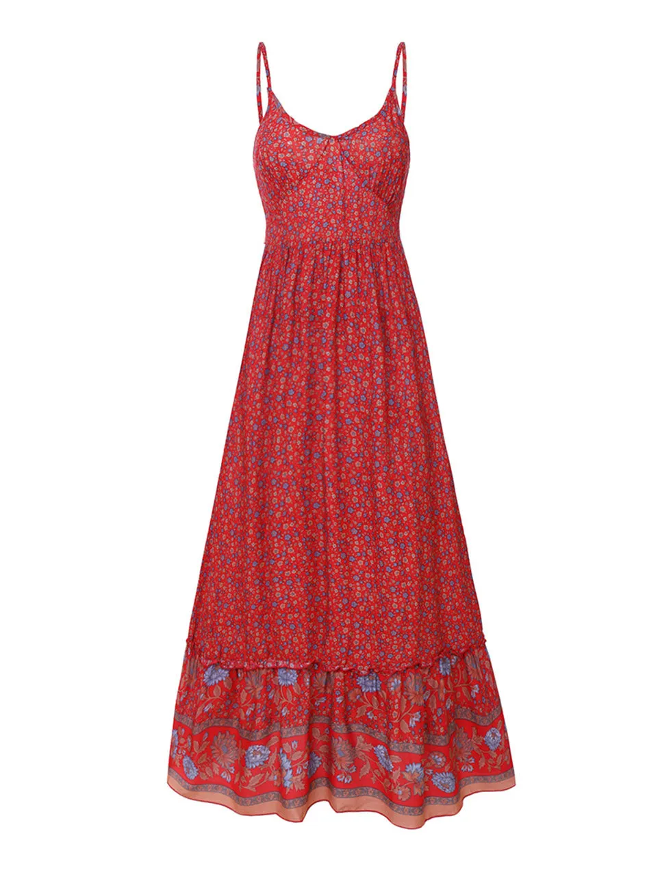 Red Spaghetti Strap Floral Print Sleeveless Bohemia Holiday Dress For Women