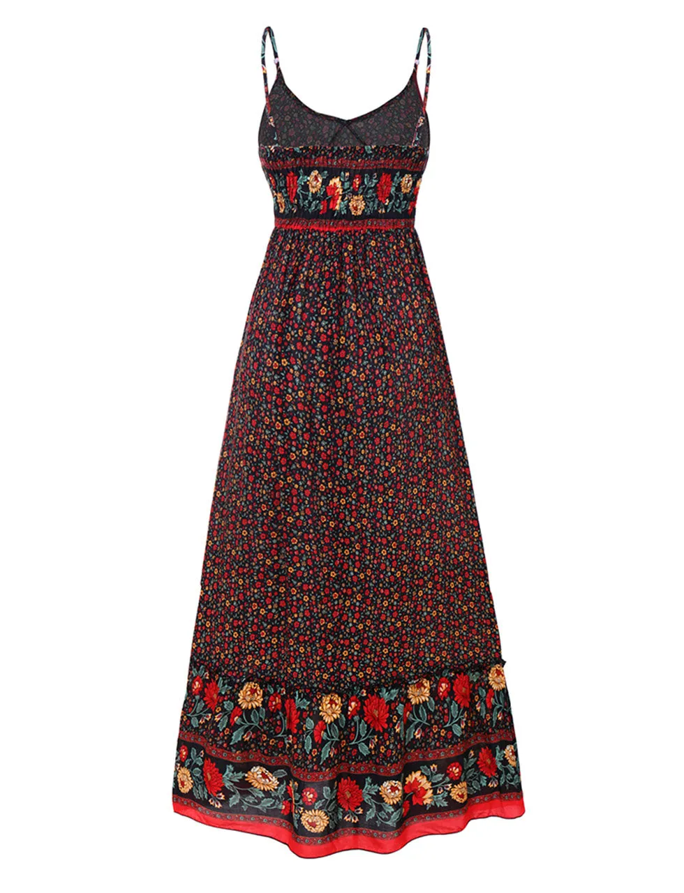 Red Spaghetti Strap Floral Print Sleeveless Bohemia Holiday Dress For Women