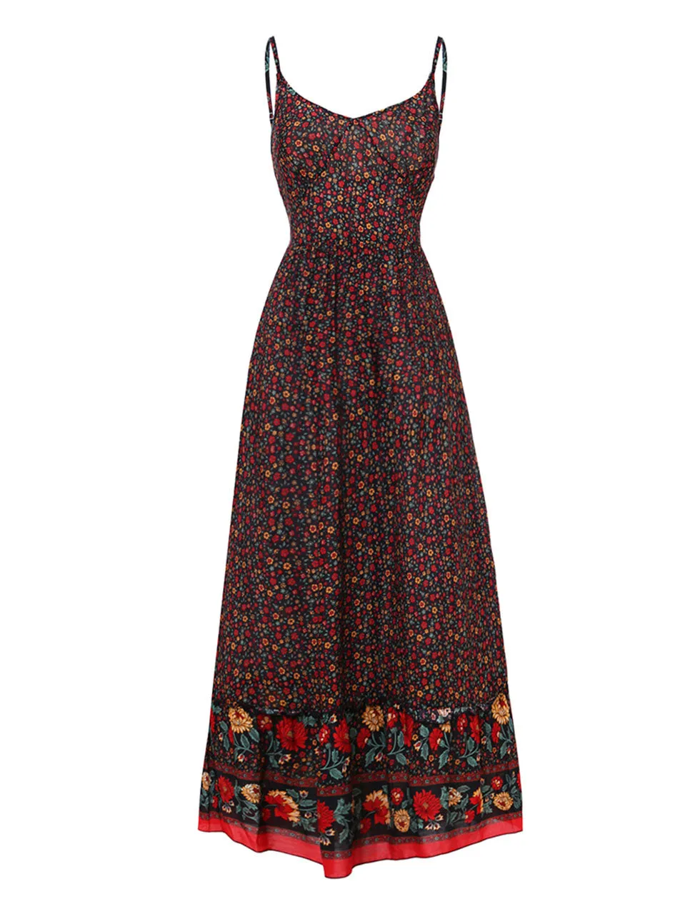 Red Spaghetti Strap Floral Print Sleeveless Bohemia Holiday Dress For Women