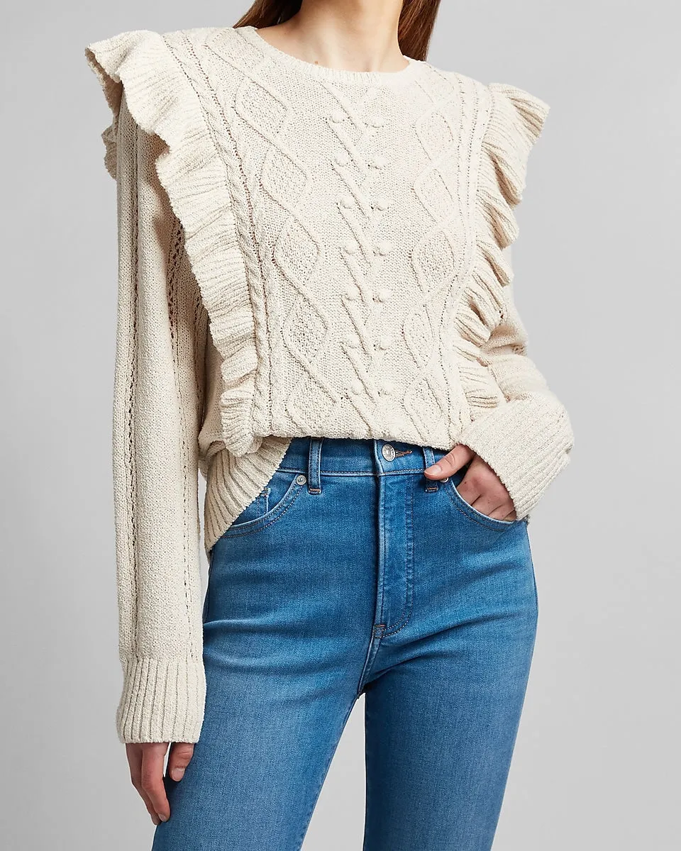 Ruffle Cable Knit Sweater in Oatmeal Heather