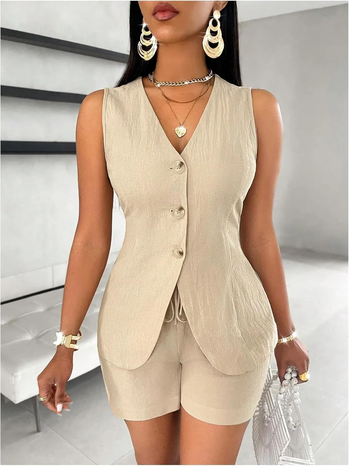 SHENHE Women's 2 Piece Outfits V Neck Blazer Suit Vest and Shorts Set Business Outfits