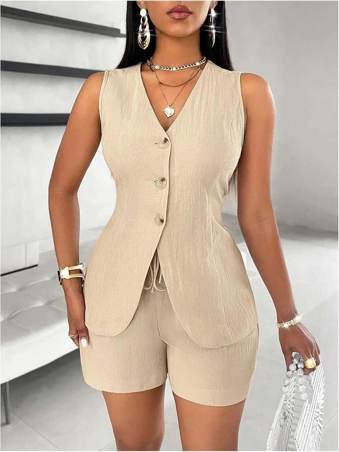 SHENHE Women's 2 Piece Outfits V Neck Blazer Suit Vest and Shorts Set Business Outfits