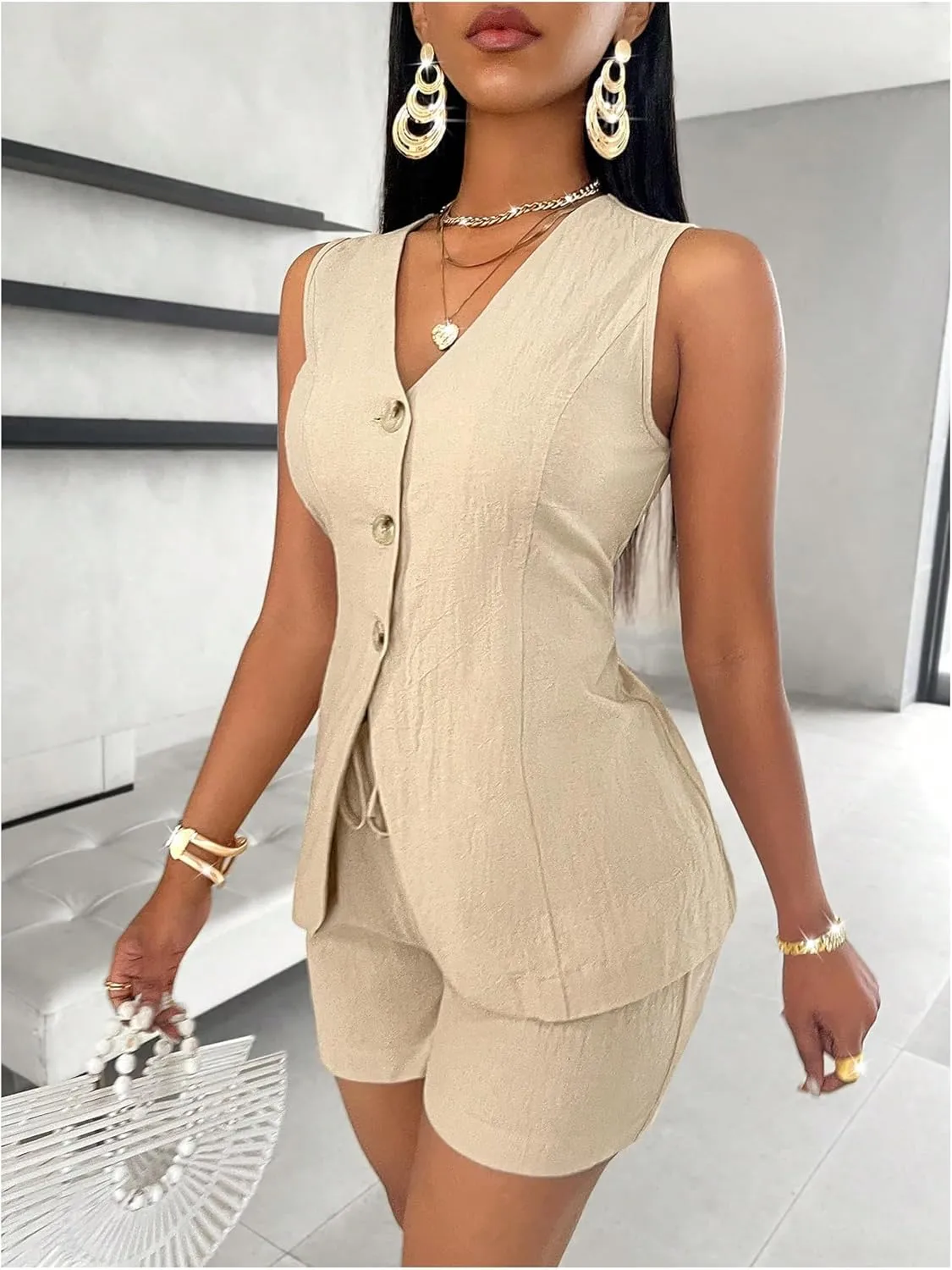 SHENHE Women's 2 Piece Outfits V Neck Blazer Suit Vest and Shorts Set Business Outfits