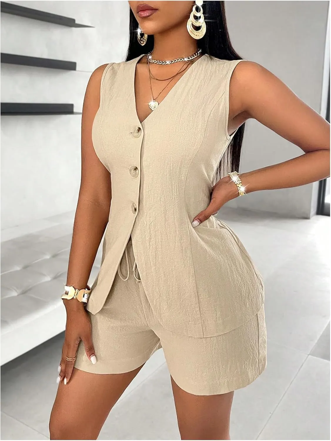 SHENHE Women's 2 Piece Outfits V Neck Blazer Suit Vest and Shorts Set Business Outfits