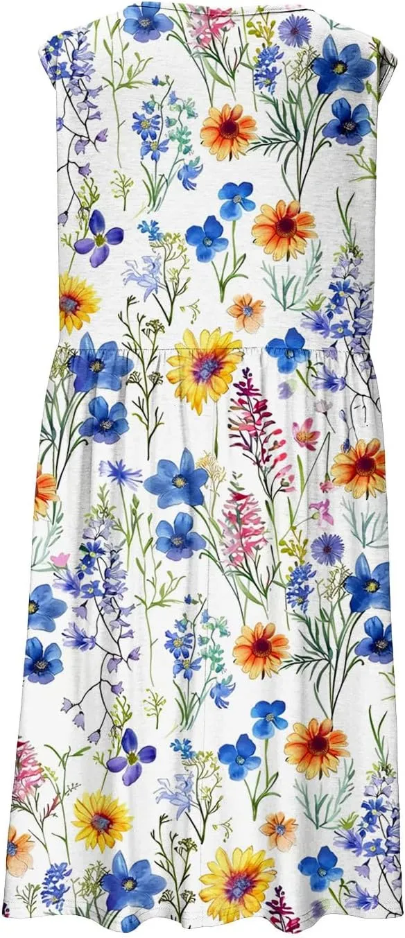 Summer Dress for Women Sleeveless Floral Beach Sundress Casual High Waist A-Line Midi Tank Dresses with Pockets