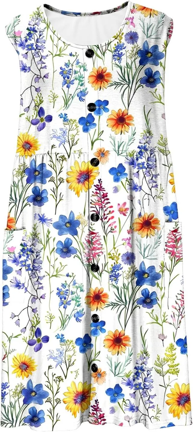 Summer Dress for Women Sleeveless Floral Beach Sundress Casual High Waist A-Line Midi Tank Dresses with Pockets