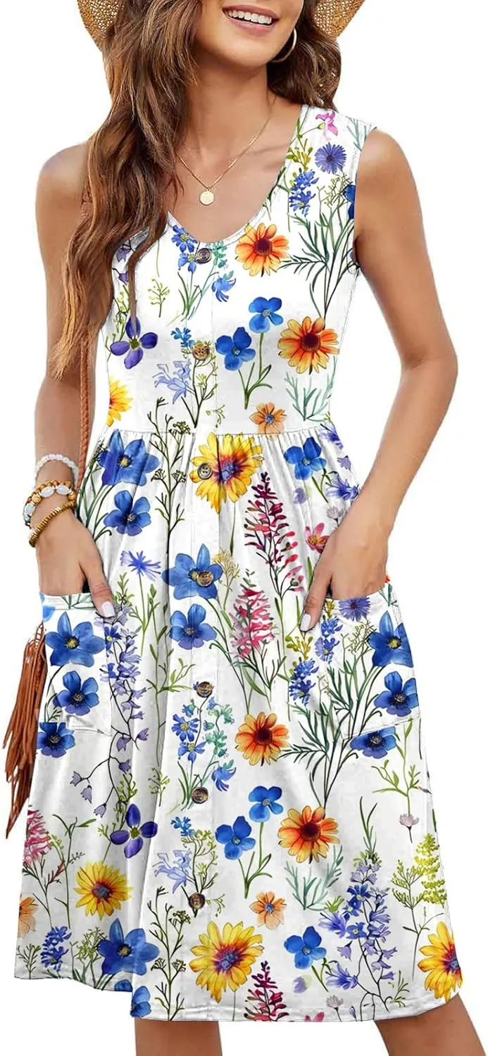 Summer Dress for Women Sleeveless Floral Beach Sundress Casual High Waist A-Line Midi Tank Dresses with Pockets
