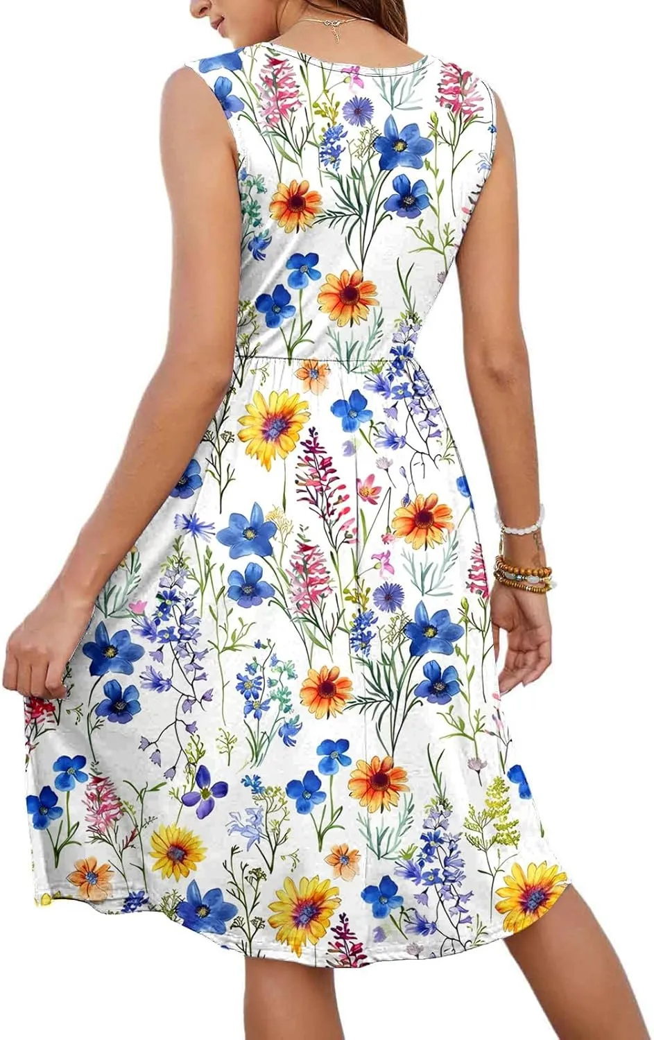 Summer Dress for Women Sleeveless Floral Beach Sundress Casual High Waist A-Line Midi Tank Dresses with Pockets