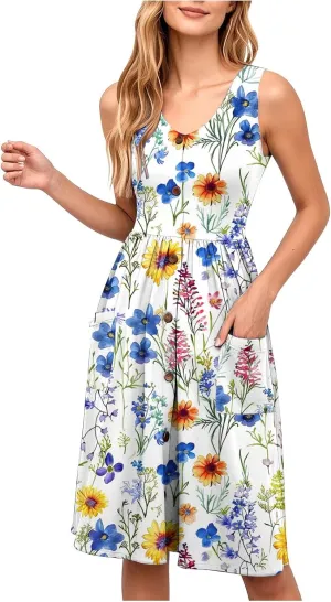 Summer Dress for Women Sleeveless Floral Beach Sundress Casual High Waist A-Line Midi Tank Dresses with Pockets