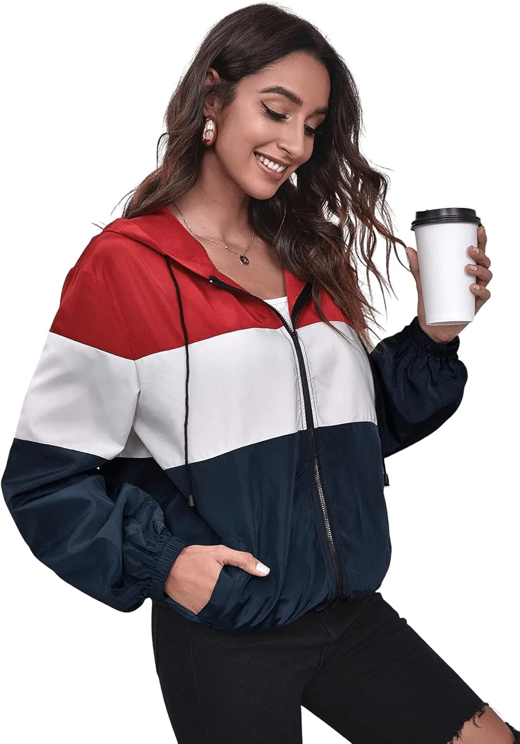 SweatyRocks Women's Zip Up Color Block Lightweight Jacket Patchwork Sport Windbreaker Jacket Coat Outerwear
