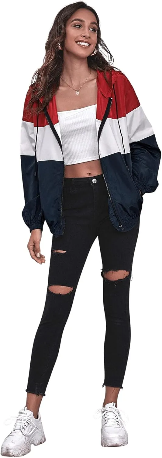 SweatyRocks Women's Zip Up Color Block Lightweight Jacket Patchwork Sport Windbreaker Jacket Coat Outerwear