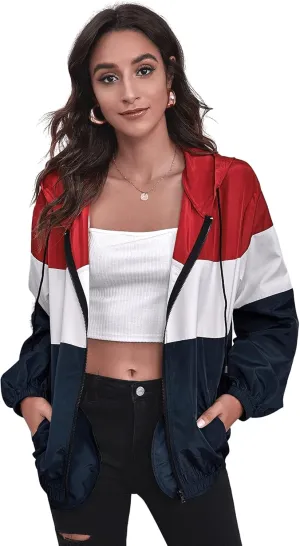 SweatyRocks Women's Zip Up Color Block Lightweight Jacket Patchwork Sport Windbreaker Jacket Coat Outerwear