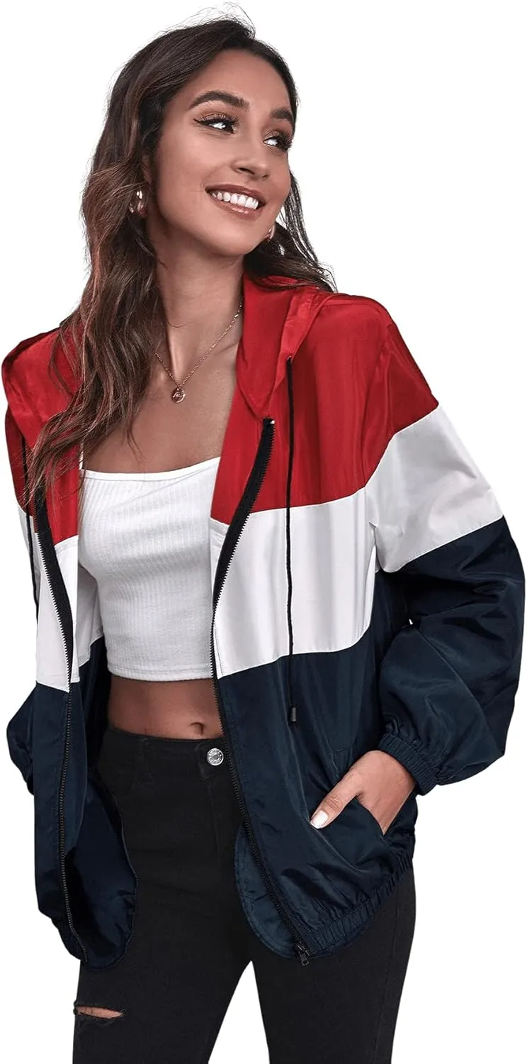 SweatyRocks Women's Zip Up Color Block Lightweight Jacket Patchwork Sport Windbreaker Jacket Coat Outerwear