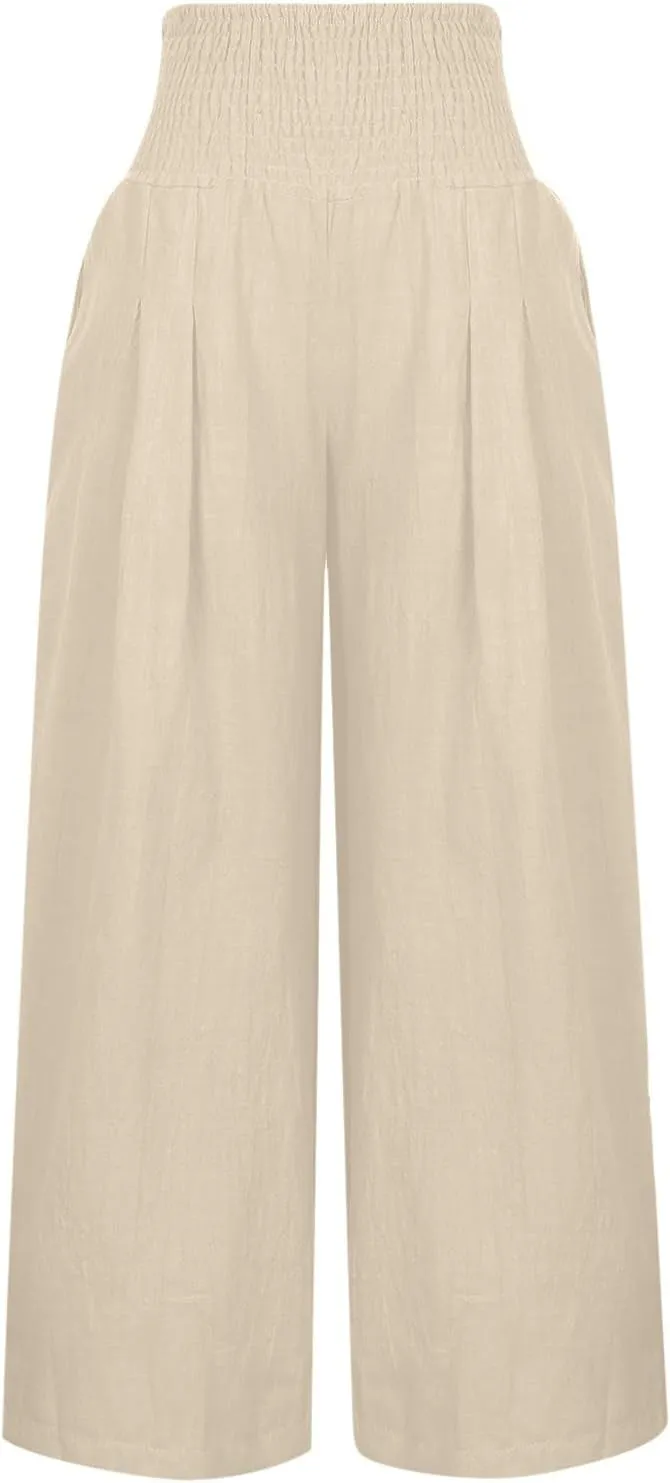 TANGNADE Women Summer Smocked High Waisted Cotton Linen Palazzo Pants Plus Size Wide Leg Casual Loose Travel Gauze Trouser