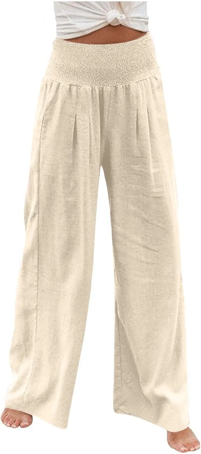 TANGNADE Women Summer Smocked High Waisted Cotton Linen Palazzo Pants Plus Size Wide Leg Casual Loose Travel Gauze Trouser