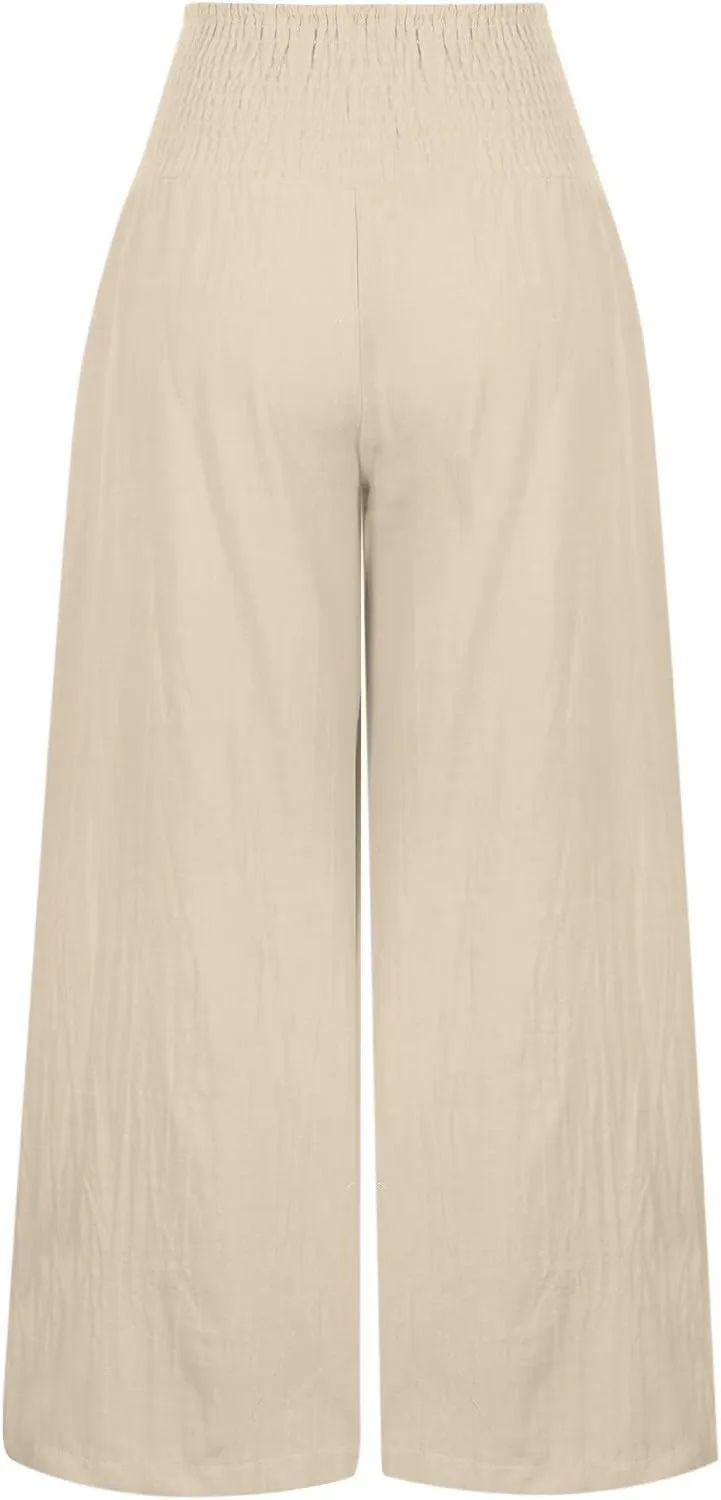 TANGNADE Women Summer Smocked High Waisted Cotton Linen Palazzo Pants Plus Size Wide Leg Casual Loose Travel Gauze Trouser