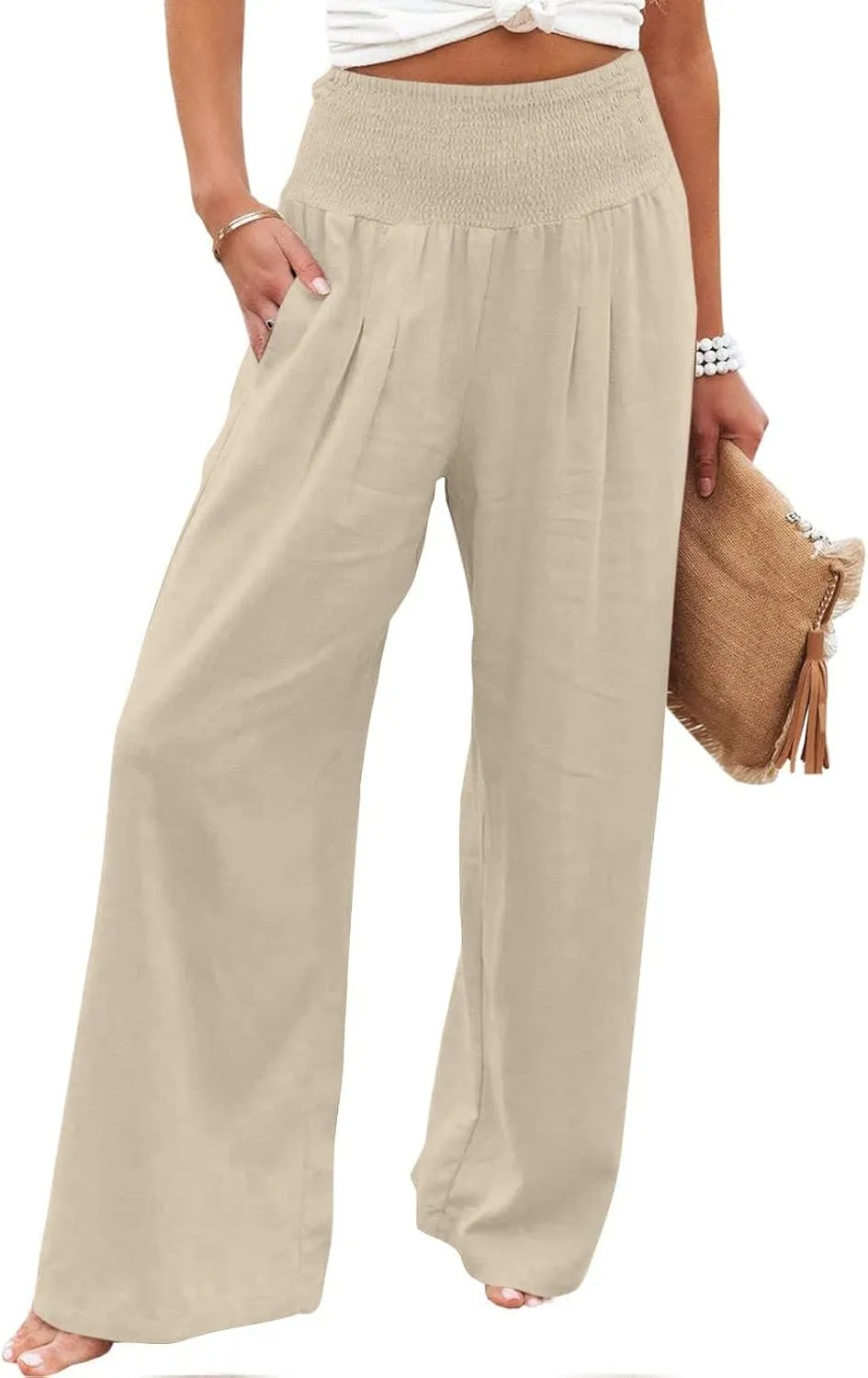 TANGNADE Women Summer Smocked High Waisted Cotton Linen Palazzo Pants Plus Size Wide Leg Casual Loose Travel Gauze Trouser