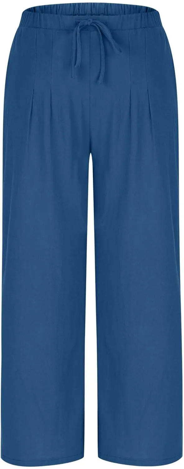 TANGNADE Women's Pants High Elastic Waisted Plus Size Wide Leg Trouser with Pockets Summer Casual Beach Flowy Pant