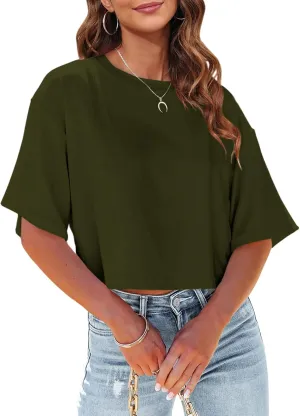 Tankaneo Women Half Sleeve Cropped T-Shirts Drop Shoulder Round Neck Crop Tops Casual Summer Solid Color Basic Tees
