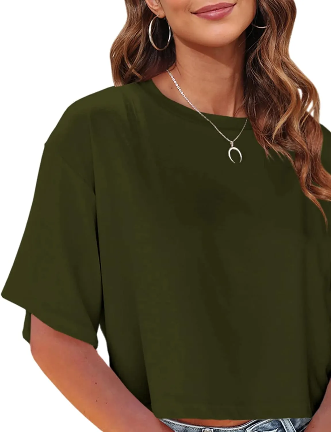 Tankaneo Women Half Sleeve Cropped T-Shirts Drop Shoulder Round Neck Crop Tops Casual Summer Solid Color Basic Tees