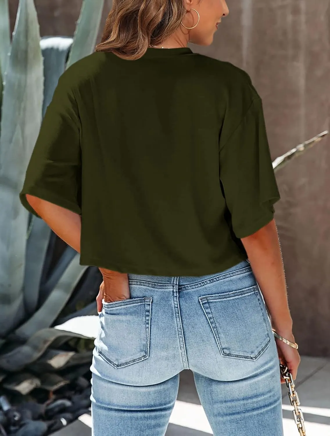 Tankaneo Women Half Sleeve Cropped T-Shirts Drop Shoulder Round Neck Crop Tops Casual Summer Solid Color Basic Tees