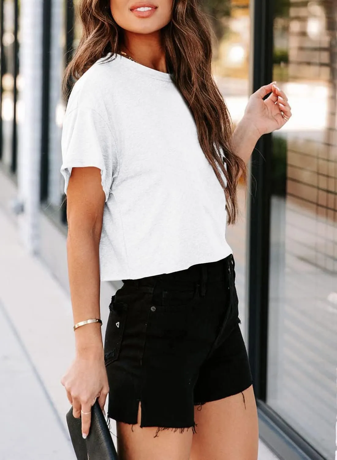Tankaneo Women Short Sleeve Cropped T-Shirts Crew Neck Loose Crop Tops Summer Casual Drop Shoulder Basic Tees