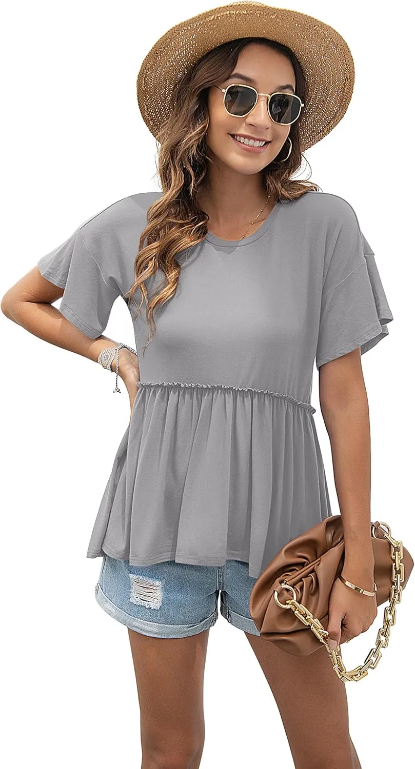 TASAMO Women's Loose Ruffle Hem Short Sleeve High Low Peplum Blouse Top