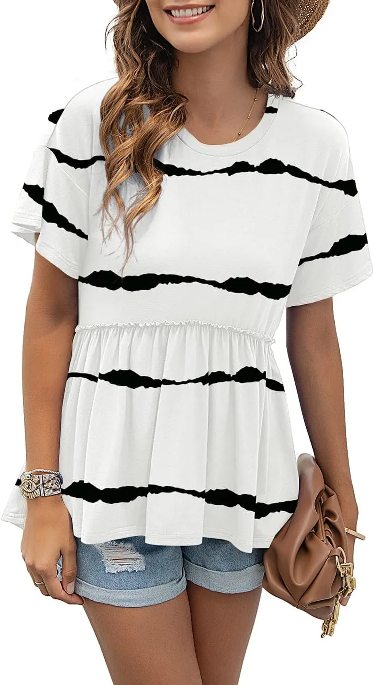 TASAMO Women's Loose Ruffle Hem Short Sleeve High Low Peplum Blouse Top