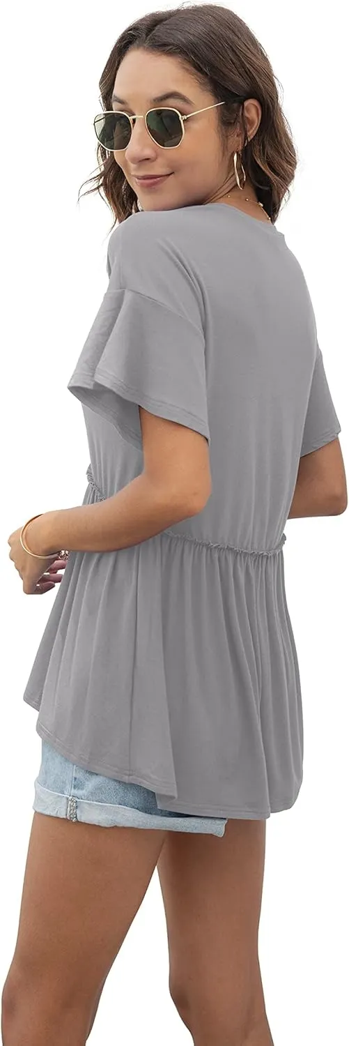 TASAMO Women's Loose Ruffle Hem Short Sleeve High Low Peplum Blouse Top
