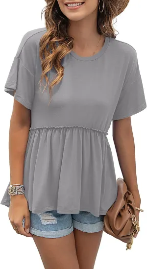 TASAMO Women's Loose Ruffle Hem Short Sleeve High Low Peplum Blouse Top