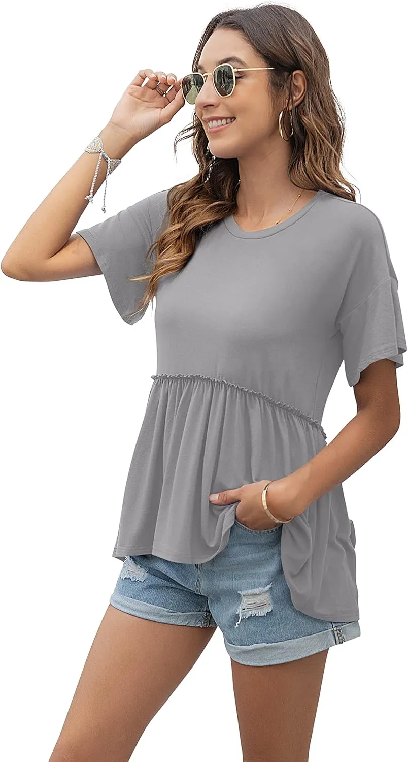TASAMO Women's Loose Ruffle Hem Short Sleeve High Low Peplum Blouse Top