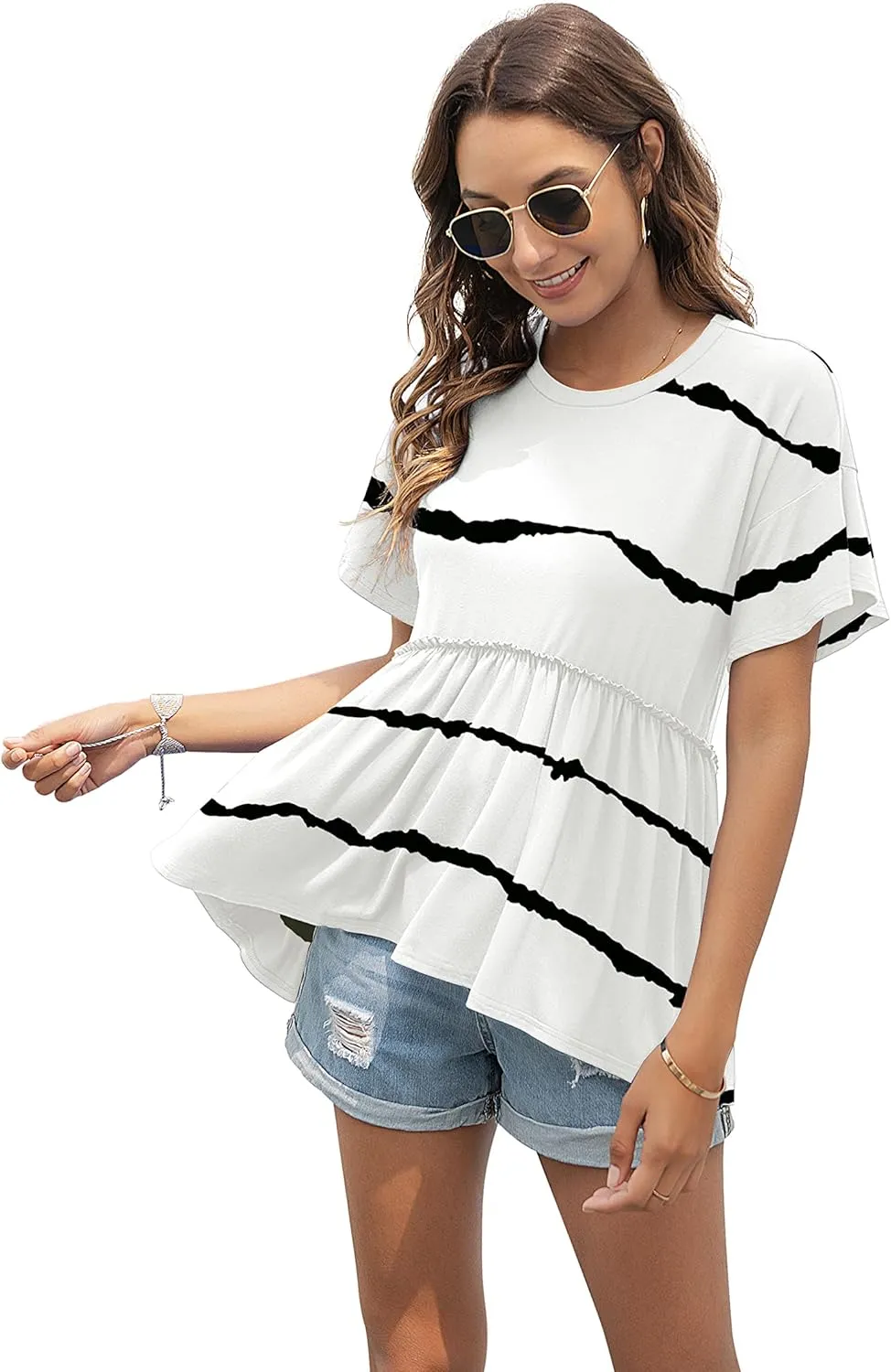 TASAMO Women's Loose Ruffle Hem Short Sleeve High Low Peplum Blouse Top