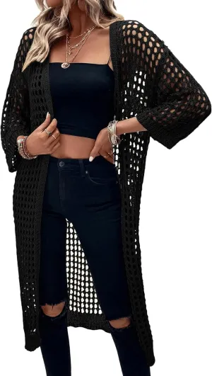 Verdusa Women's Hollow Out 3/4 Sleeve Open Front Knit Cardigan Long Kimono